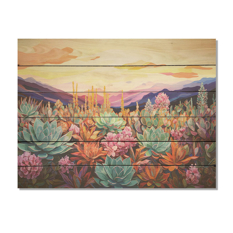 Charme coloré du désert succulent - art mural en bois succulent sur bois de pin naturel, H 30 po x l 40 po