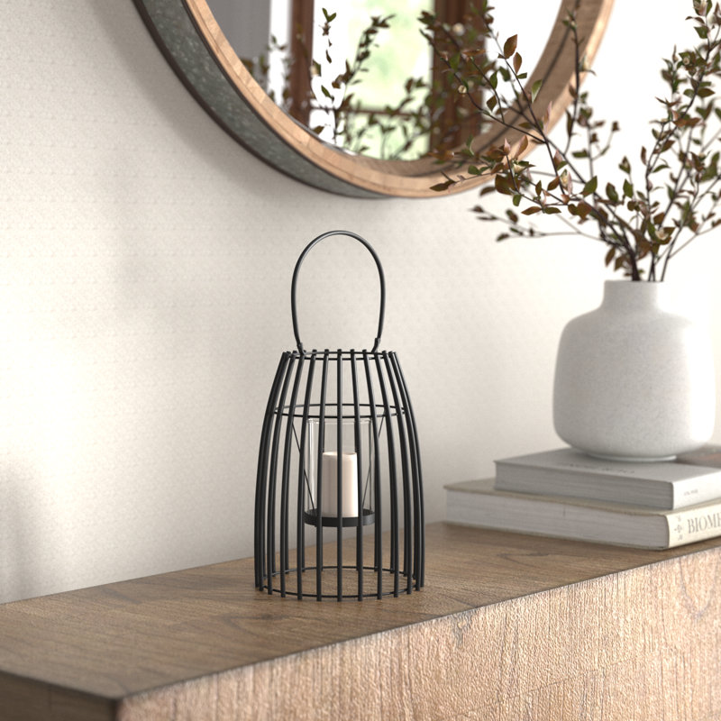 Enya Solid Iron and Glass Candle Lantern with Handle, 12" H x 8" W x 8" D, Black