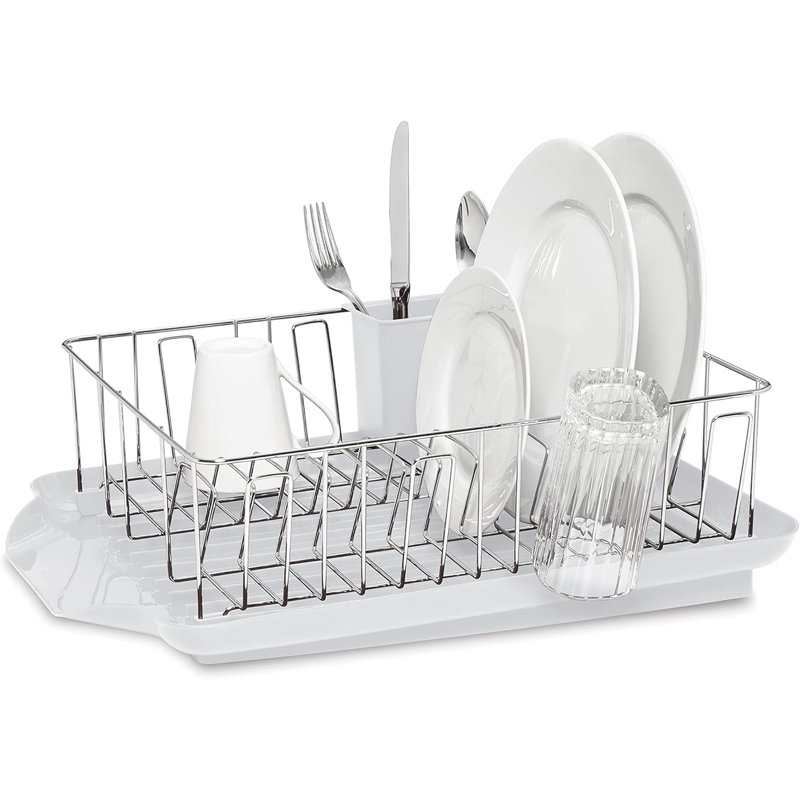 Classic Large Rust Resistant Full Dishrack With Removable 3 Compartment Flatware Caddy, Andlged Drain Board, 3-Piece, White