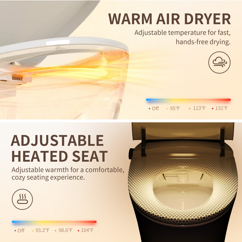 DeerValley Modern Tankless Smart Toilet: 1.28 GPF Auto Flush, Motion-Activated Open/Close Lid, Heated Seat and Air Purification in White