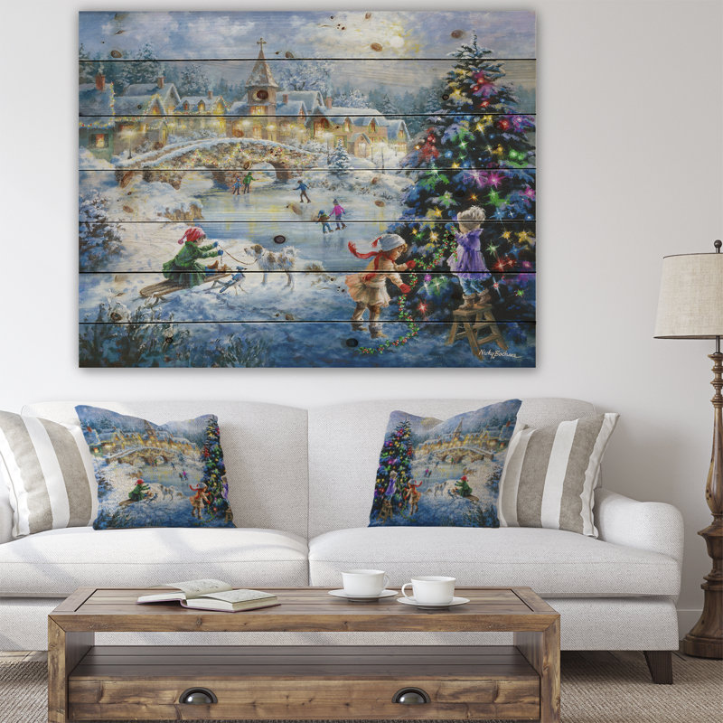 «Christmas Tree Decorating Sledding Children» - reproduction d'art, H 30 po x l 40 po x P 1,5 po, Bois