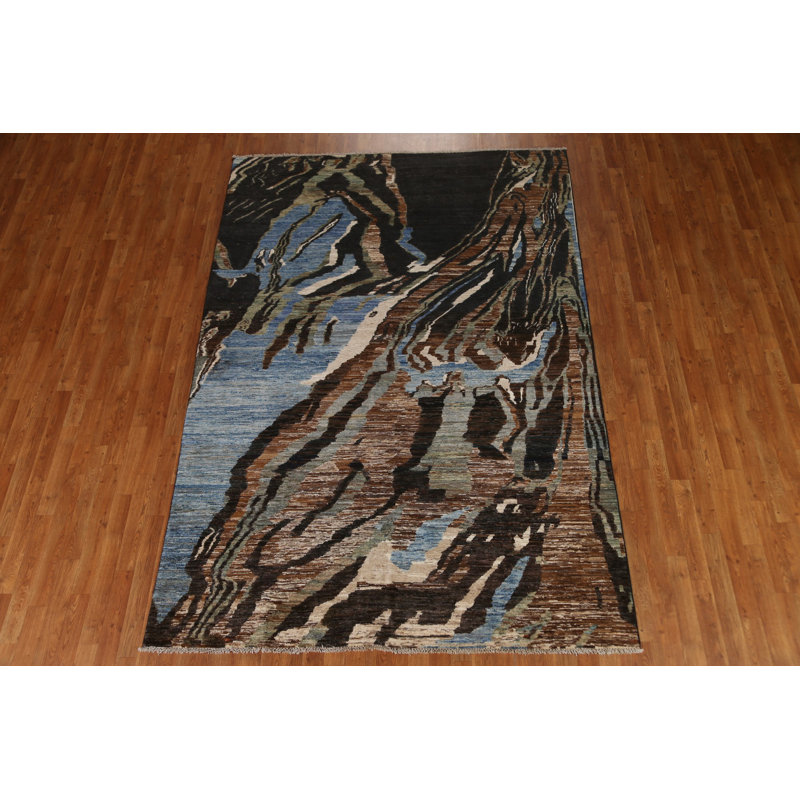 Tapis unique en laine noué à la main brun / bleu / vert 6 pi 7 po x 9 pi 5 po New Age