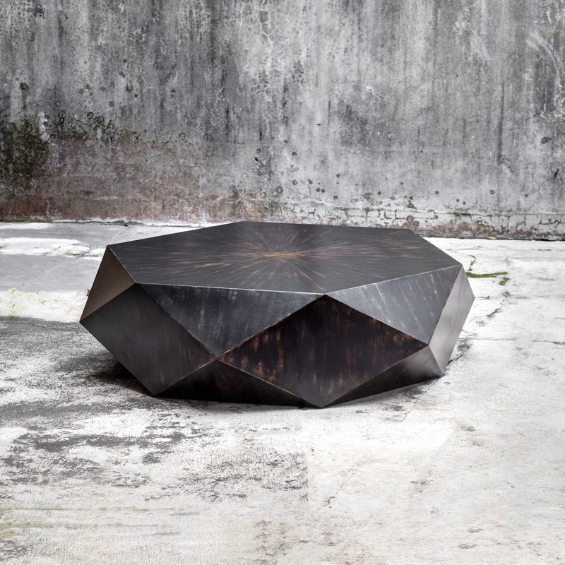 Geometric Worn Black Mango Wood Round Coffee Table
