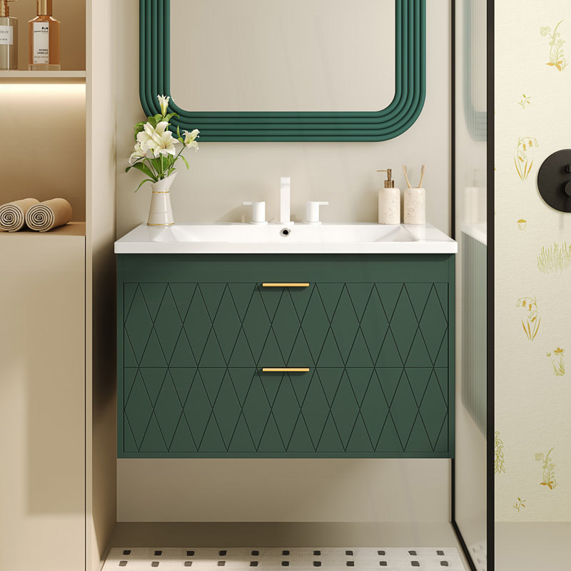 Meuble-lavabo mural avec lavabo en résine, armoire de rangement flottante avec 2 tiroirs