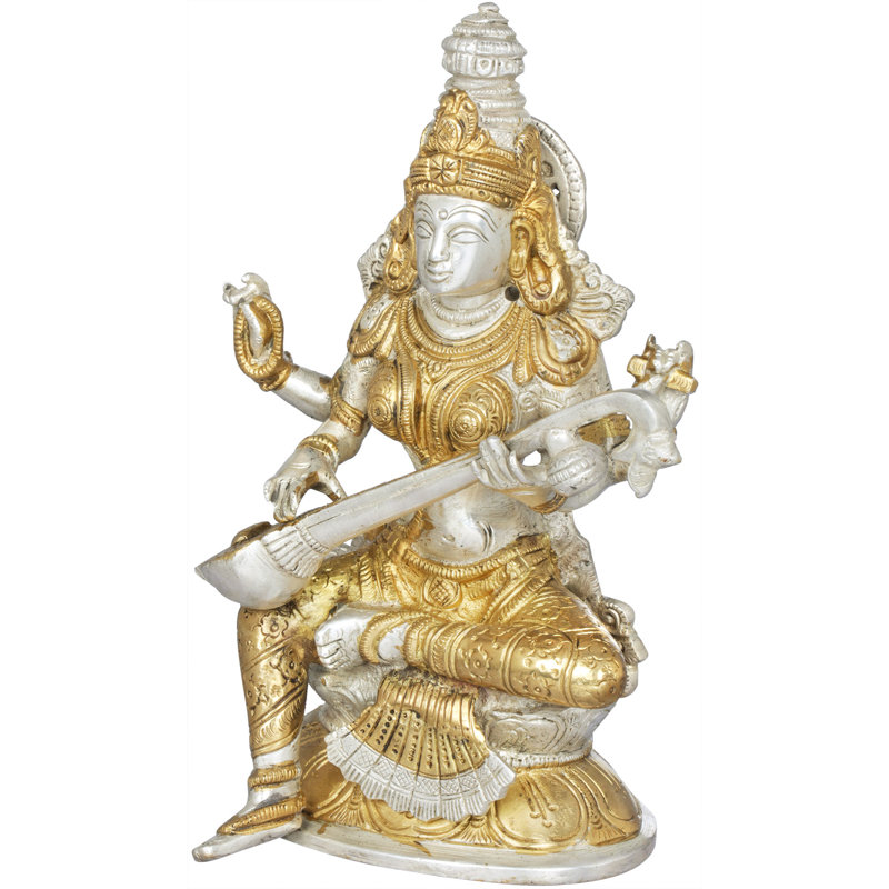 Figurine déesse Saraswati assise sur un lotus, Argent / or