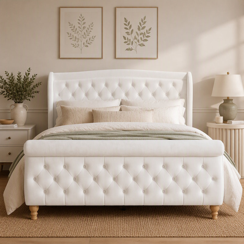 Upholstered Bed, Queen, Beige