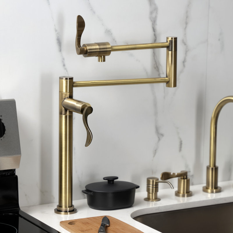 Kingston Brass NuWave Two-Handle 1-Hole Deck Mount Pot Filler Faucet, Antique Brass