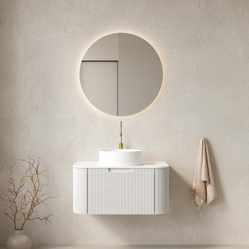 Comptoir de meuble-lavabo mural en faux marbre avec lavabo en céramique, 30", Bois naturel