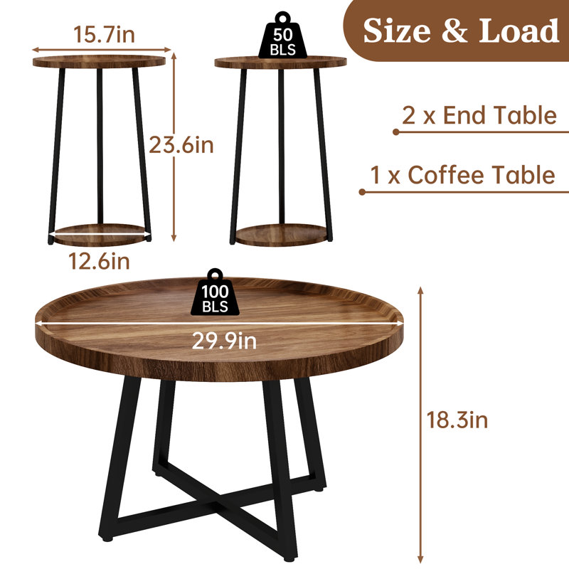 Ensemble de tables basses rondes 3 pièces, table basse industrielle et 2 tables d'appoint, plateau de table d'apparence en bois avec structure en métal, mobilier d'appoint à bords relevés pour le salon