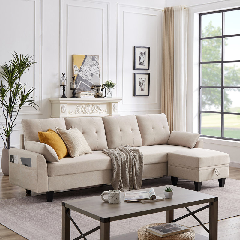 Canapé modulaire rembourré 101 po avec méridienne Linnzi, Beige
