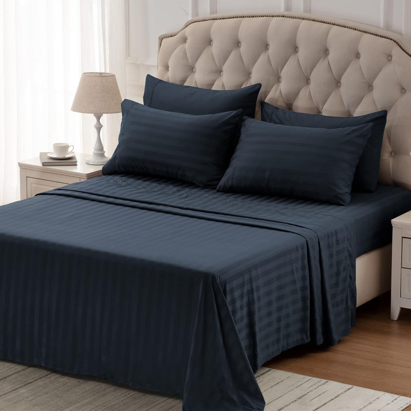 Microfiber Twill Striped Fitted Sheet, King Sheet Set + Fitted Sheet + 2 Pillowcases, Navy Blue