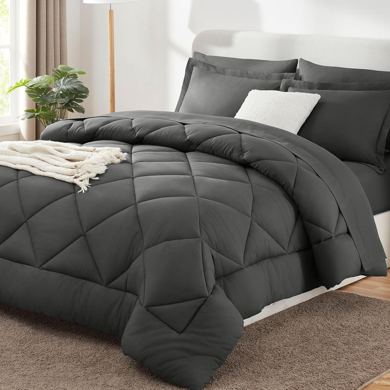 Queen Comforter Set 7-Piece, 88x88 Inch Dark Grey Bed in a Bag Bedding Set, Soft Cozy Comforter with Complete Bedroom Accessories