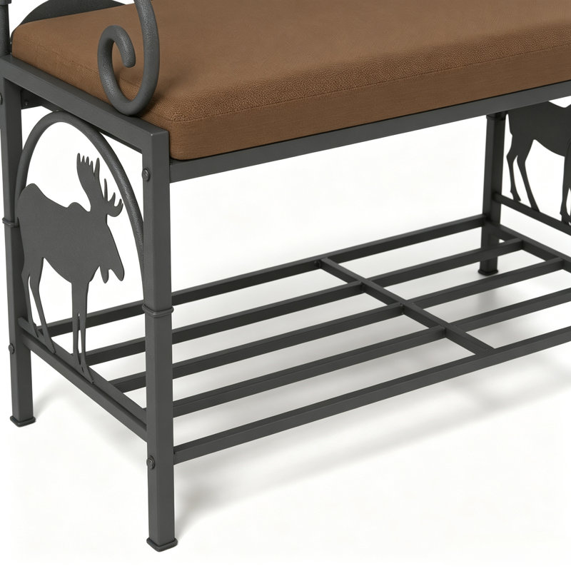 Banc de hall d'entrée industriel 41,3 po avec dossier en silhouette de cerf - Banc à chaussures rustique avec siège rembourré et tablette ouverte à 2 niveaux pour petits espaces, brun antique