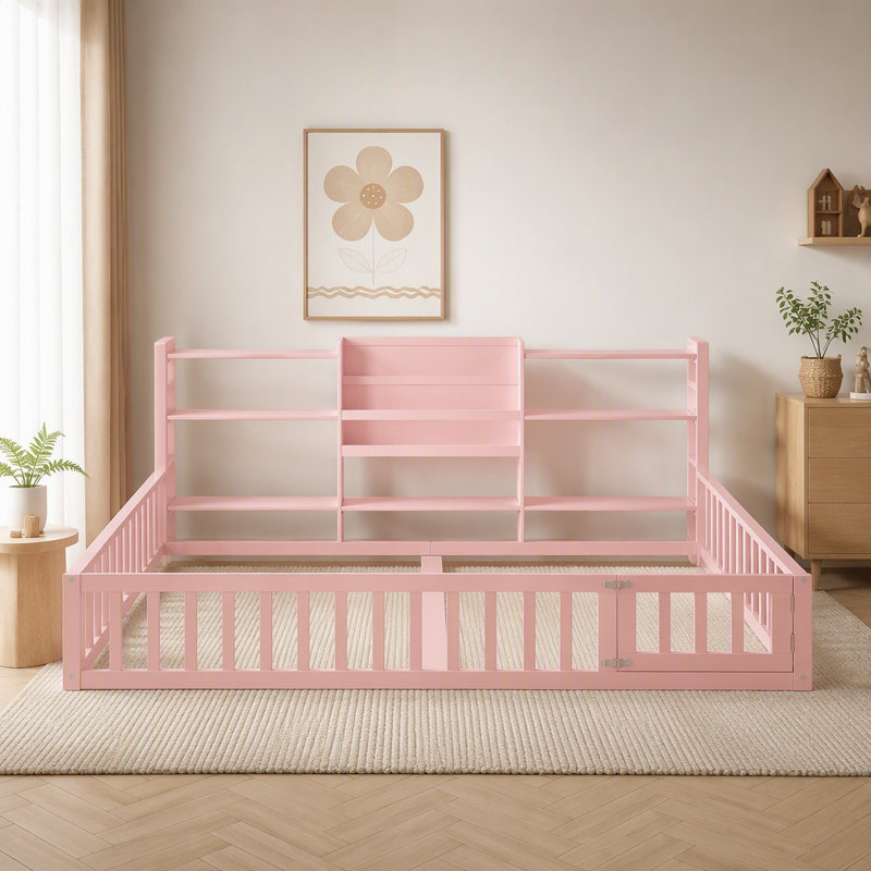 Cadre de lit au sol avec étagères de rangement ouvertes, Double, Rose