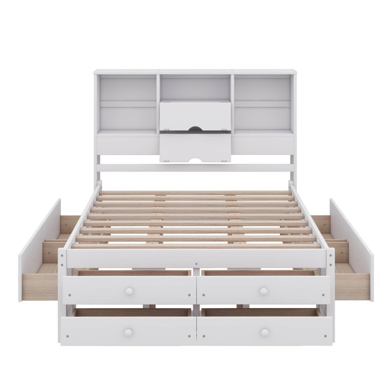 Platform Bed with Storage Headboard And 8 Drawers, Queen, White