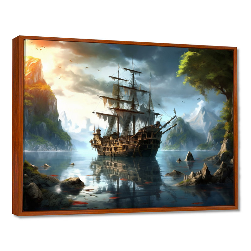 Bateau pirate en mer - art mural pirate, H 24 po x l 32 po x P 1 po, Cadre flottant brun