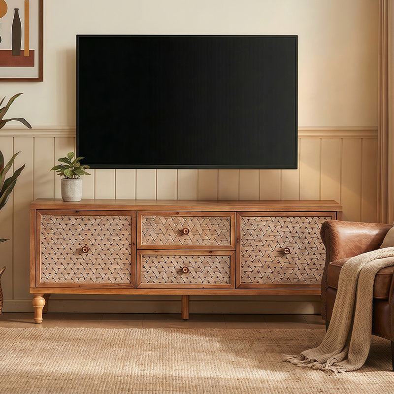 Meuble télé Mid-Century en rotin pour téléviseur de 60 po ou moins, console média Boho avec portes et tiroirs, centre de divertissement, bois clair