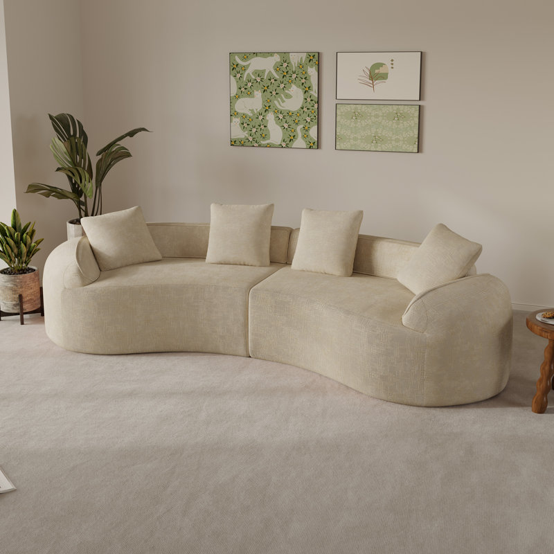 2-Piece Curved Compressed Sectional Sofa, Symmetrical Modular Design, Beige Chenille