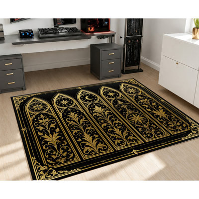Tapis à motif de fenêtre arquée en or noir gothique, style rétro orné, surface en velours, tapis antidérapant, décoration intérieure luxueuse pour salon, chambre à coucher, couloir, appartement, bureau