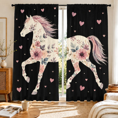 2Pcs Floral Horse Print Curtains with Heart Accents, Watercolor Style, Artistic Theme, Decorative Window Coverings, Ideal for Bedroom, Cute Home Decor, Rod Pocket Hanging, Light Filtering