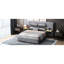 Grand lit en velours gris avec prises intégrées et tablettes de rangement pratiques