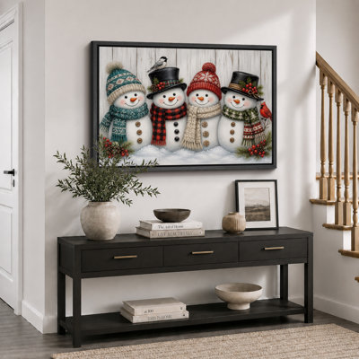 Snowman Holiday Family Artwork, Living Room Pictures, Framed Canvas Giclee Print Wall Art