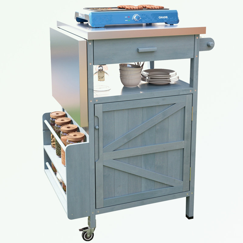 Îlot de cuisine avec roulettes verrouillables, plateau en acier inoxydable et abattant, Bleu