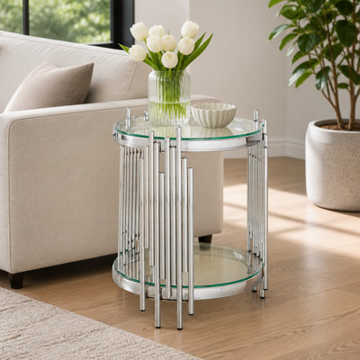 Table de bout ronde de luxe avec plateau en verre trempé transparent à 2 niveaux et structure en acier inoxydable argenté, table d'appoint moderne pour le salon, la chambre à coucher, le bureau ou le café