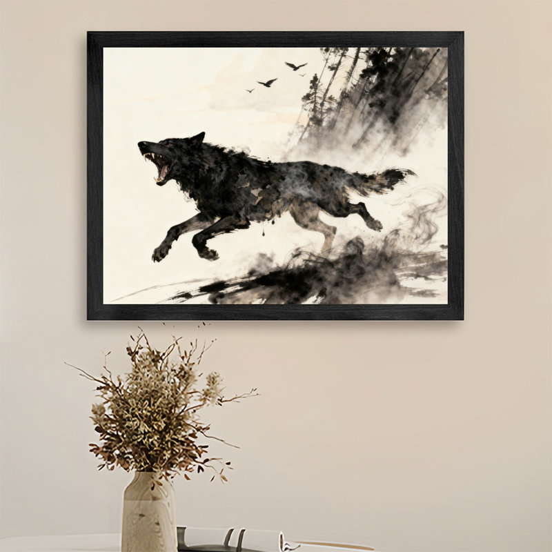 Art noir encadré noir, loups braves, H 9 po x l 11 po