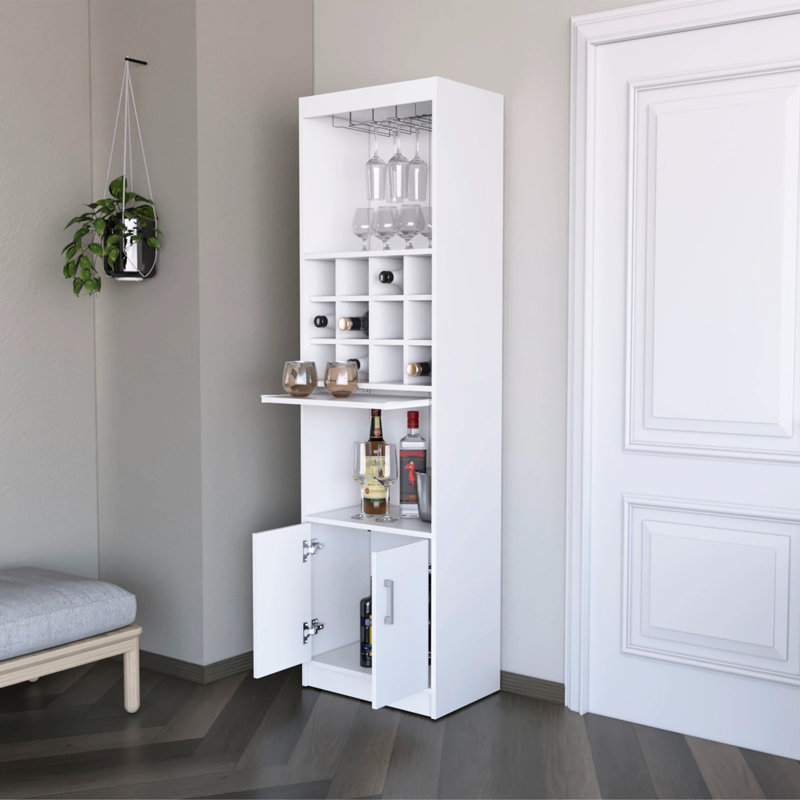 White Bar Cabinet With Practical Interior - 71.1 Inches High, 20 Wide, 15 Shelves, Engineered Wood Wine Storage Facilities And Design 2 Doors,