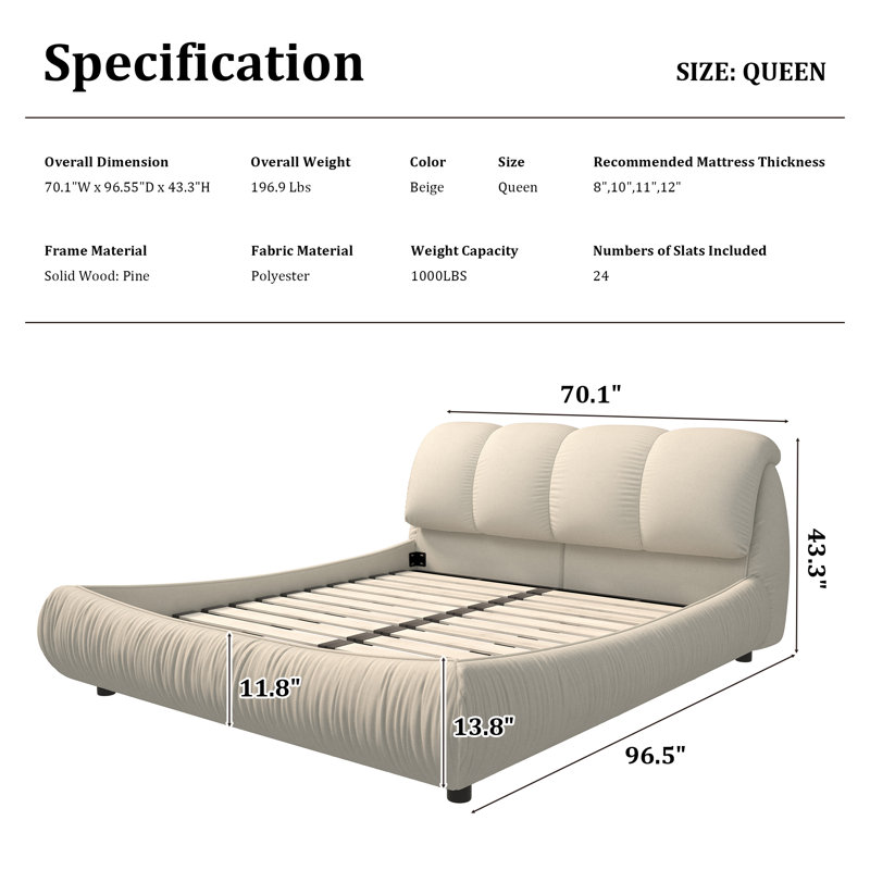 Lit-bateau tapissier Henness, Grand, Beige
