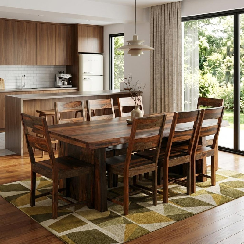 Ensemble de salle à manger neuf pièces en bois massif brun avec huit chaises, Brun, 7 pièces : table, 6 chaises