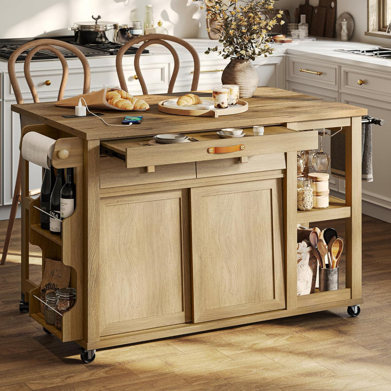 Kitchen Island With Storage & Charging Station, Rolling Kitchen Island Table On Wheels With Drop Leaf & 2 Drawers, Mobile Island Cart With Pull-Out Shelf, Spice Rack, For Dining Room