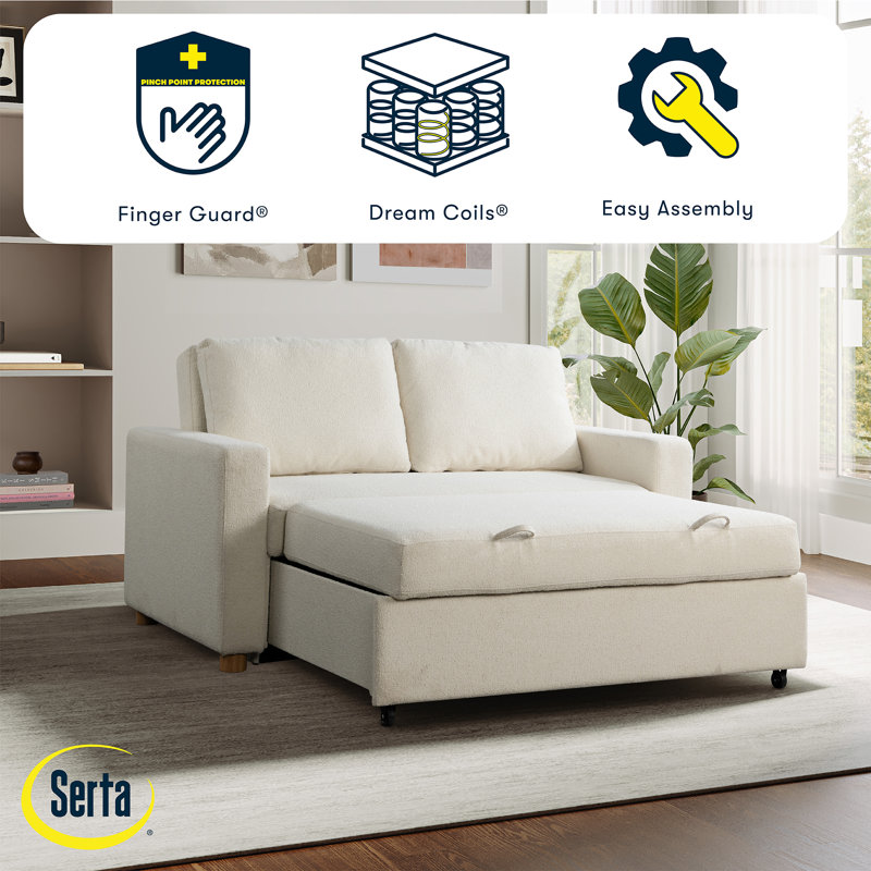 Serta Trinity 66.1" Full Size Convertible Loveseat, Dream Coil Comfort, Easy Assembly, Ivory Boucle