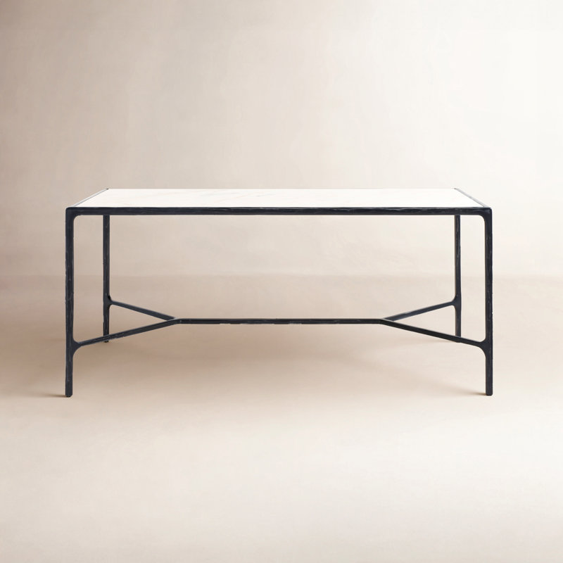Evelynn 18" H x 40" W Iron Coffee Table, White Marble, Black