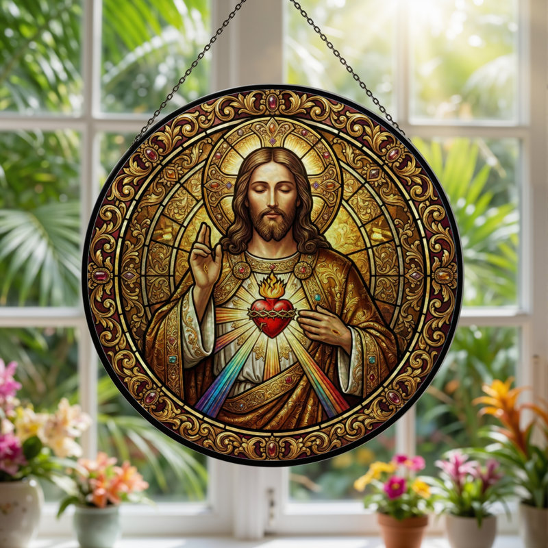Panneau de vitrail Sacred Heart - 7,8H, H 7,8 po