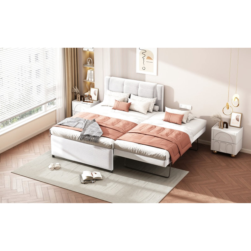 Lit plateforme tapissier beige avec lit gigogne. Fabrication robuste en bois de pin Tête de lit pour un sommeil douillet et relaxant. Pas de sommier tapissier. Taille et fabrication du processus d'assemblage sans effort. Reposez-vous. Simple