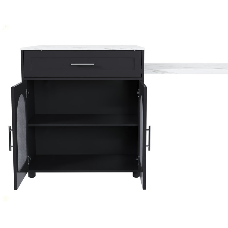 80-Inch Expandable Kitchen Island With Dining Table, Marble-Grain Countertop With Power Outlet, Mobile Storage Cart With Cabinet & 2 Drawers, Kitchen Prep Table (Black)