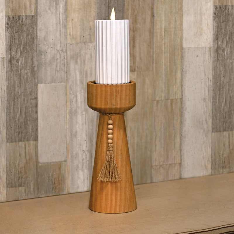 Natural Wooden Beaded Pillar Holder 11.5"H