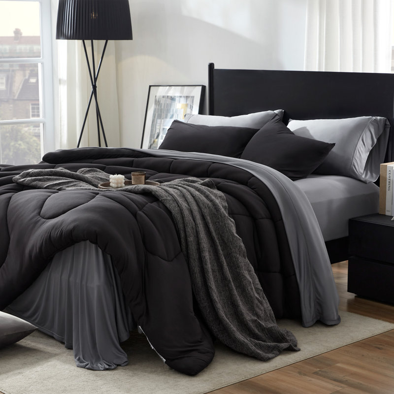 Ensemble d'édredon en tricot doux, Édredon pour très grand lit + 2 très grandes ta, Noir
