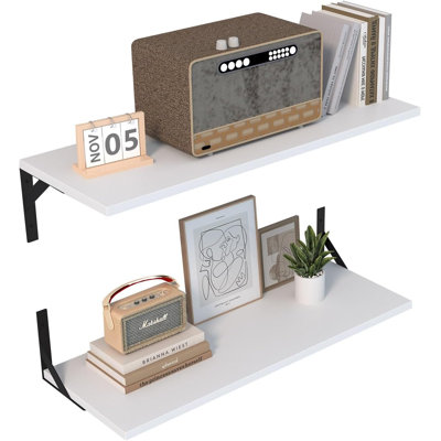 Longues tablettes murales longues, l 48 po x P 12 po, ensemble de 2 grandes tablettes flottantes, tablette en bois large avec supports en métal robustes pour livres de chambre à coucher, salon, cuisine, blanc