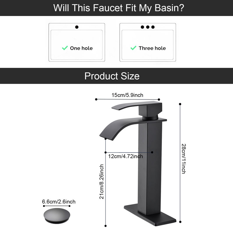 Single Handle Waterfall Bathroom Vessel Sink Faucet With Pop-up Drain, Matte Black