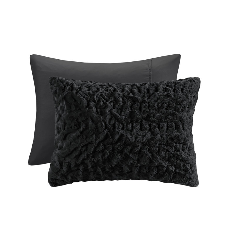 Blair Ruched Faux Fur Comforter Set, Full/Queen Comforter + 2 Standard Shams, Black