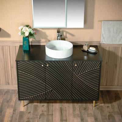 Meuble-lavabo moderne de 48 po avec lavabos vasques ronds en céramique et plateau en pierre reconstituée noire, finition laquée noir mat et accents dorés WOODBRIDGE, conception de cadre mince et profil épuré.