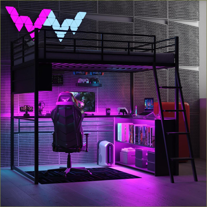 Lit mezzanine double en métal avec bureau à DEL 4 tablettes, aucun sommier nécessaire, noir pour les petits espaces