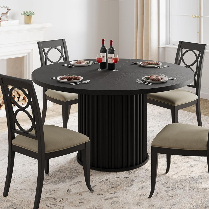 47Inch Round Dining Table for 4-6 People, Black Dining Room Table with Sturdy Waveform Metal Pedestal Base, Industrial Circle Kitchen Table for Dining Room, Kitchen