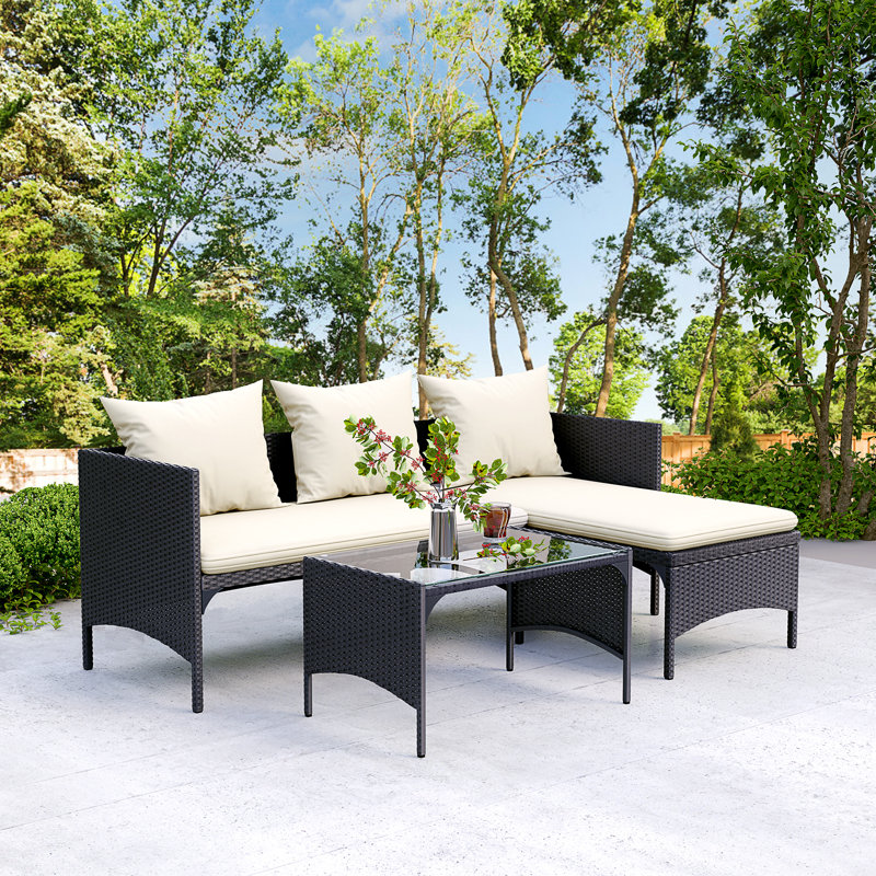 Conchita Polyethylene Wicker 3 - Person Seating Group with Cushions, Beige, Black