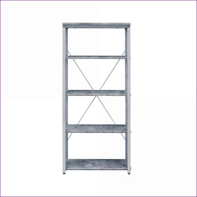 Industrial Etagere Bookshelf with 5 Fixed Shelves | Slate Gray Faux Concrete & Brushed Silver Metal | Synthetic Wood, Brushed Silver