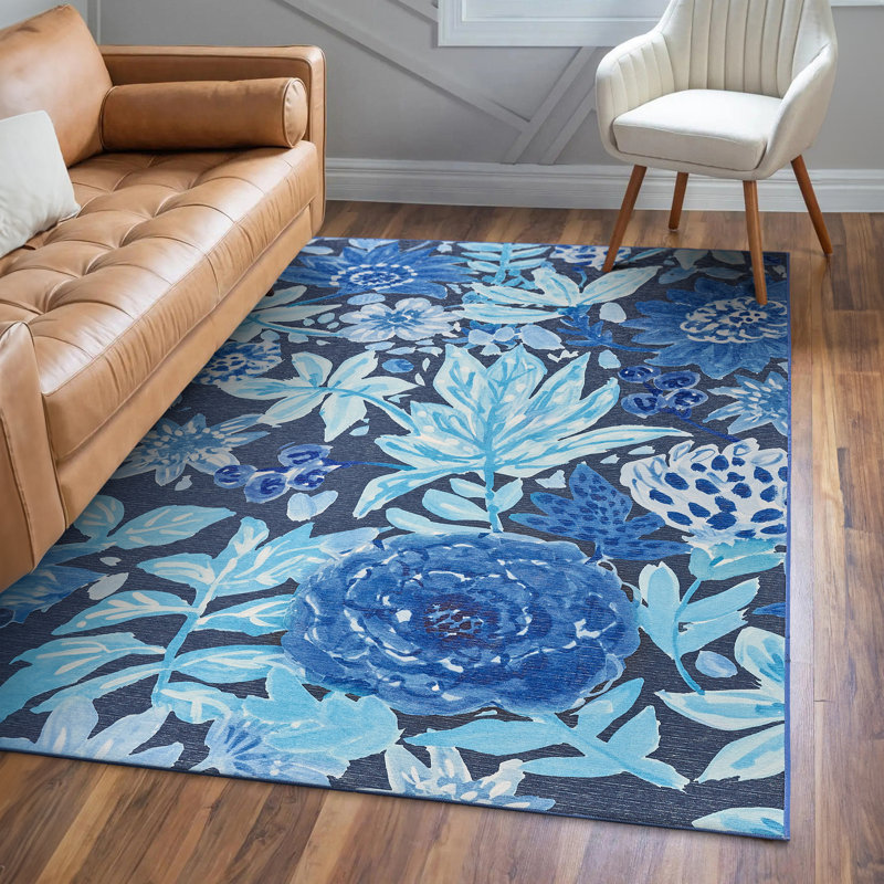 Tapis bleu lavable à motif floral My Magic Carpet - 3 pi x 5 pi, Rectangle 7 pi x 5 pi
