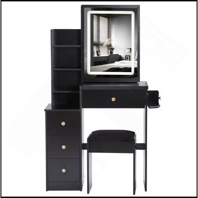 Petite coiffeuse 29,2 po avec tabouret de chevet gauche + tabouret rembourré, 2 blocs d'alimentation CA + 2 ports USB, support pour sèche-cheveux, très grand miroir à DEL coulissant à contrôle tactile, changement de couleur tricolore, réglage de la
